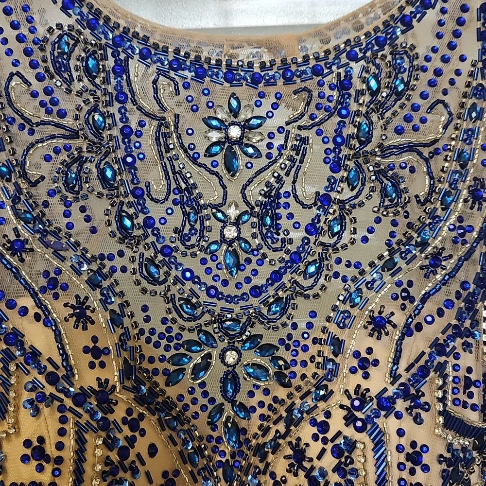 Size 4 royal blue prom/evening gown w/ cold shoulders & long sleeves, beaded top - Picture 7 of 16